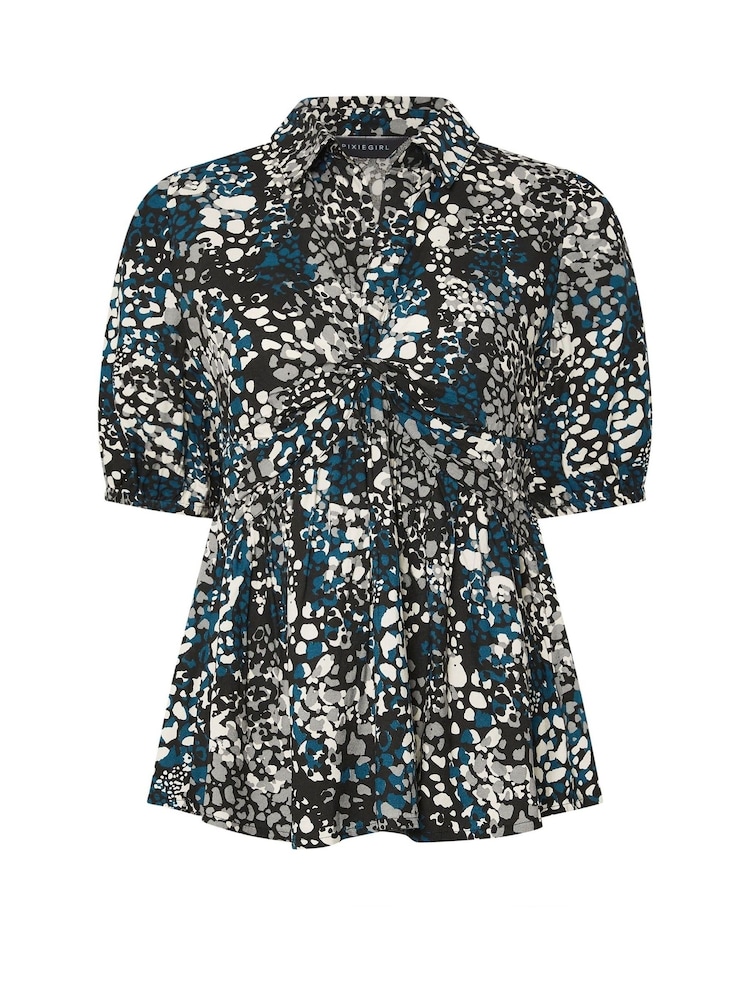 PixieGirl Petite Blue Woven Abstract Twist Front Top - Image 5 of 5