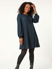 Roman Blue Petite Geometric Button A-Line Dress - Image 2 of 5