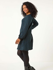 Roman Blue Petite Geometric Button A-Line Dress - Image 3 of 5