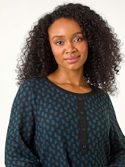 Roman Blue Petite Geometric Button A-Line Dress - Image 4 of 5