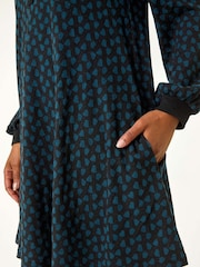 Roman Blue Petite Geometric Button A-Line Dress - Image 5 of 5