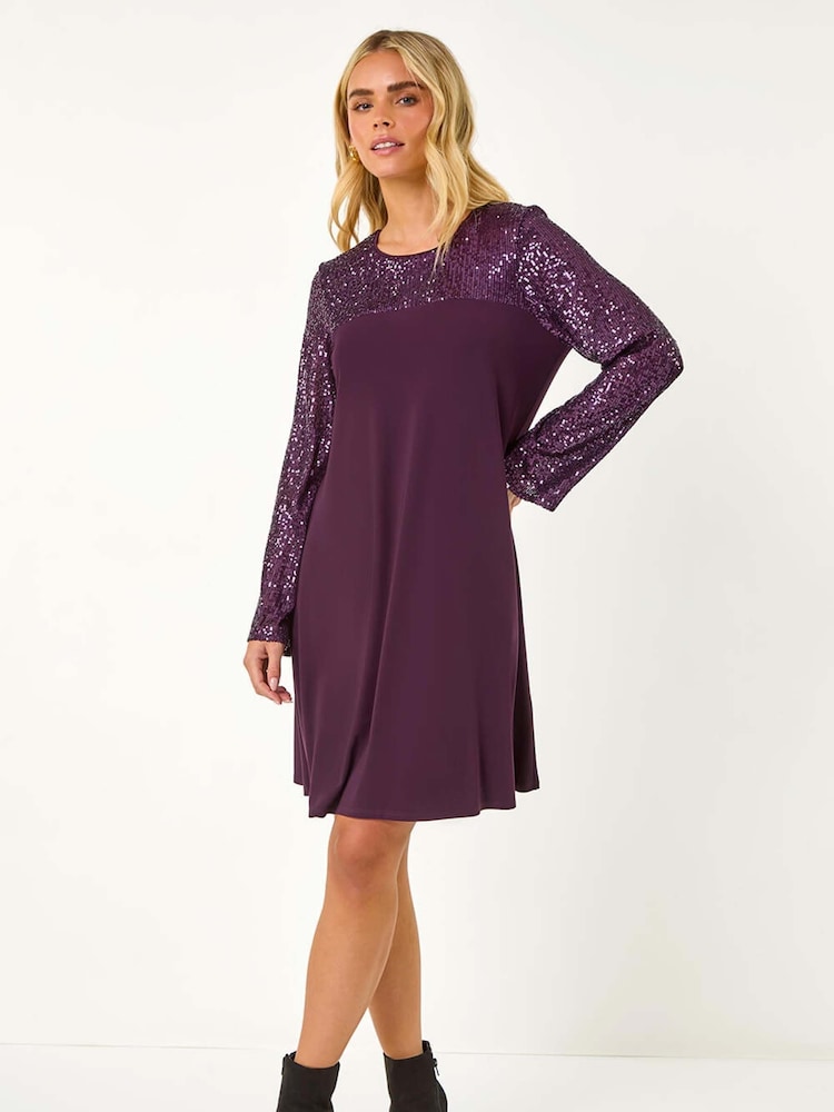 Roman Purple Petite Contrast Sequin Shift Stretch Dress - Image 2 of 5