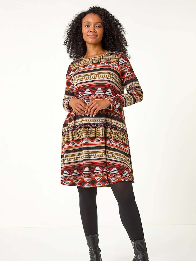 Roman Orange Petite Print Swing Stretch Dress - Image 2 of 5