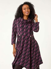 Roman Purple Petite Abstract Print Hanky Hem Stretch Dress - Image 1 of 5