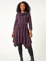 Roman Purple Petite Abstract Print Hanky Hem Stretch Dress - Image 2 of 5