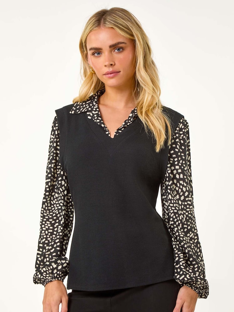 Roman Black Petite 2 in 1 Contrast V-Neck Top - Image 1 of 5 Roman Black Petite 2 in 1 Contrast V-Neck Top - Image 1 of 5