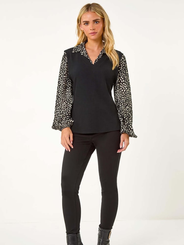 Roman Black Petite 2 in 1 Contrast V-Neck Top - Image 2 of 5 Roman Black Petite 2 in 1 Contrast V-Neck Top - Image 2 of 5