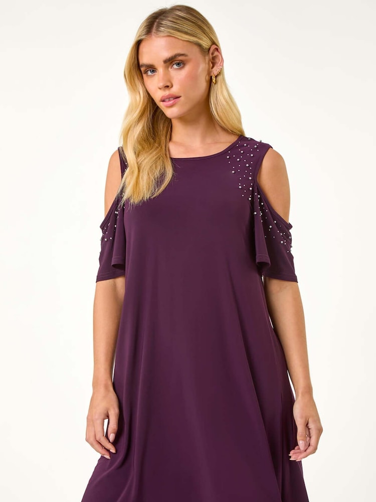 Roman Purple Petite Sparkle Cold Shoulder Shift Dress - Image 1 of 5