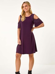 Roman Purple Petite Sparkle Cold Shoulder Shift Dress - Image 2 of 5