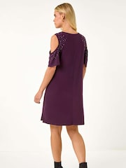 Roman Purple Petite Sparkle Cold Shoulder Shift Dress - Image 3 of 5