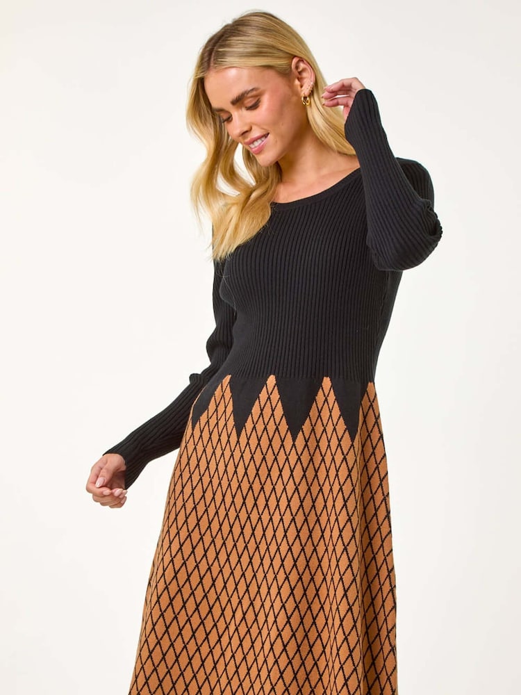 Roman Brown Petite Contrast Knit Dress - Image 1 of 5