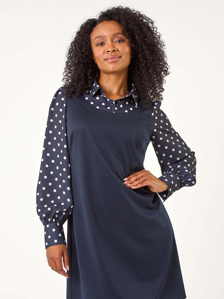 Roman Blue Petite 2 in 1 Collared Contrast Dress - Image 2 of 5