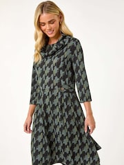 Roman Green Petite Abstract Print Hanky Hem Stretch Dress - Image 1 of 5