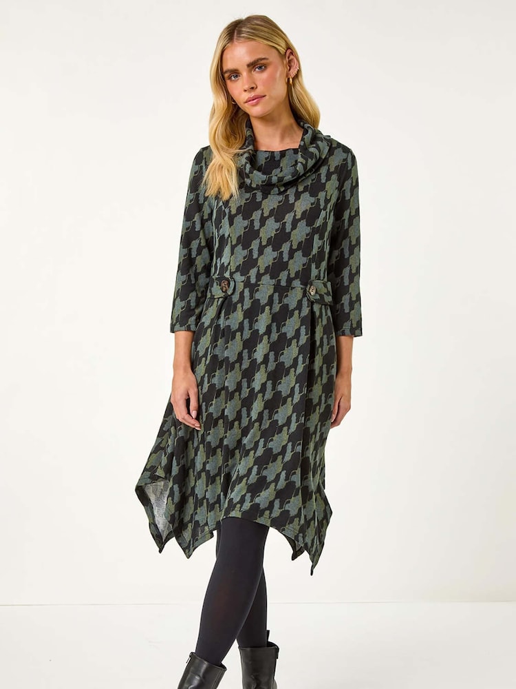 Roman Green Petite Abstract Print Hanky Hem Stretch Dress - Image 2 of 5