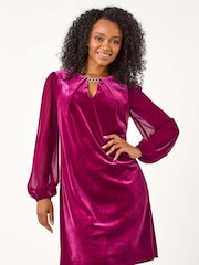 Roman Pink Petite Constrast Sleeve Velvet Dress - Image 2 of 5