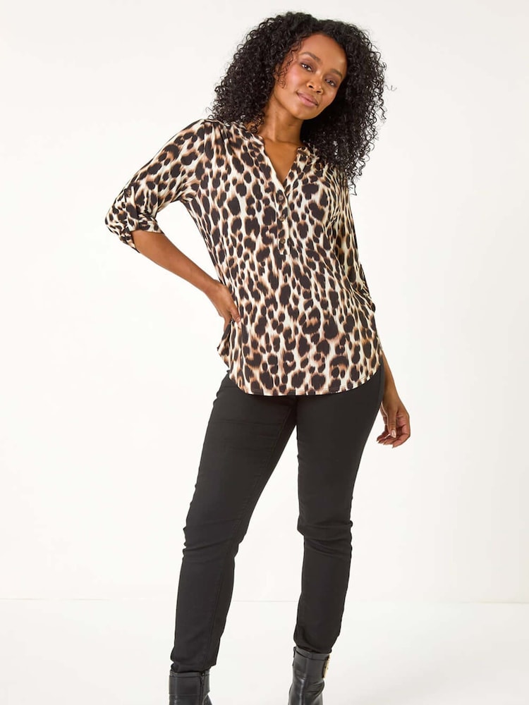 Roman Black Petite Animal Print Button Detail Shirt - Image 2 of 5
