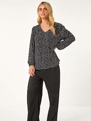 Roman Black Petite Spot Print V-Neck Plisse Blouses - Image 2 of 5
