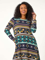 Roman Blue Petite Nordic Print Swing Stretch Dress - Image 1 of 5