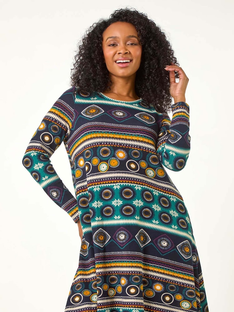 Roman Blue Petite Nordic Print Swing Stretch Dress - Image 1 of 5 Roman Blue Petite Nordic Print Swing Stretch Dress - Image 1 of 5