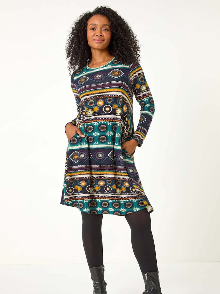 Roman Blue Petite Nordic Print Swing Stretch Dress - Image 2 of 5
