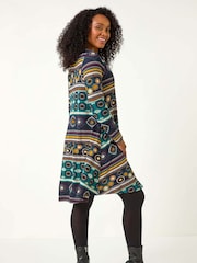 Roman Blue Petite Nordic Print Swing Stretch Dress - Image 3 of 5