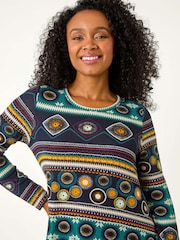 Roman Blue Petite Nordic Print Swing Stretch Dress - Image 4 of 5