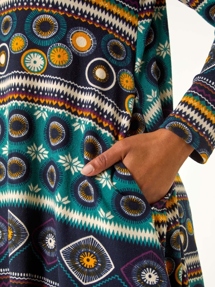 Roman Blue Petite Nordic Print Swing Stretch Dress - Image 5 of 5