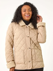 Roman Brown Petite Borg Contrast Padded Coat - Image 1 of 5