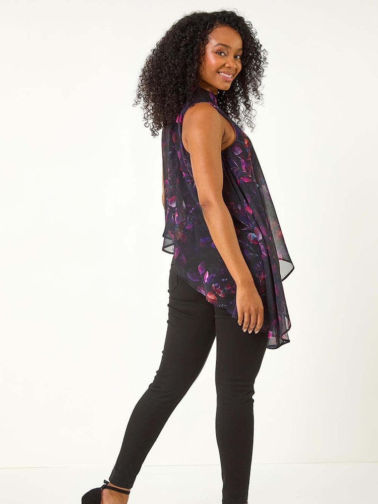 Roman Black Petite Floral Asymmetric Top - Image 3 of 5