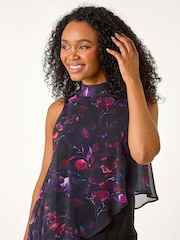 Roman Black Petite Floral Asymmetric Top - Image 4 of 5