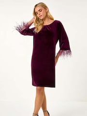Roman Purple Petite Velvet Feather Trim Stretch Dress - Image 2 of 5