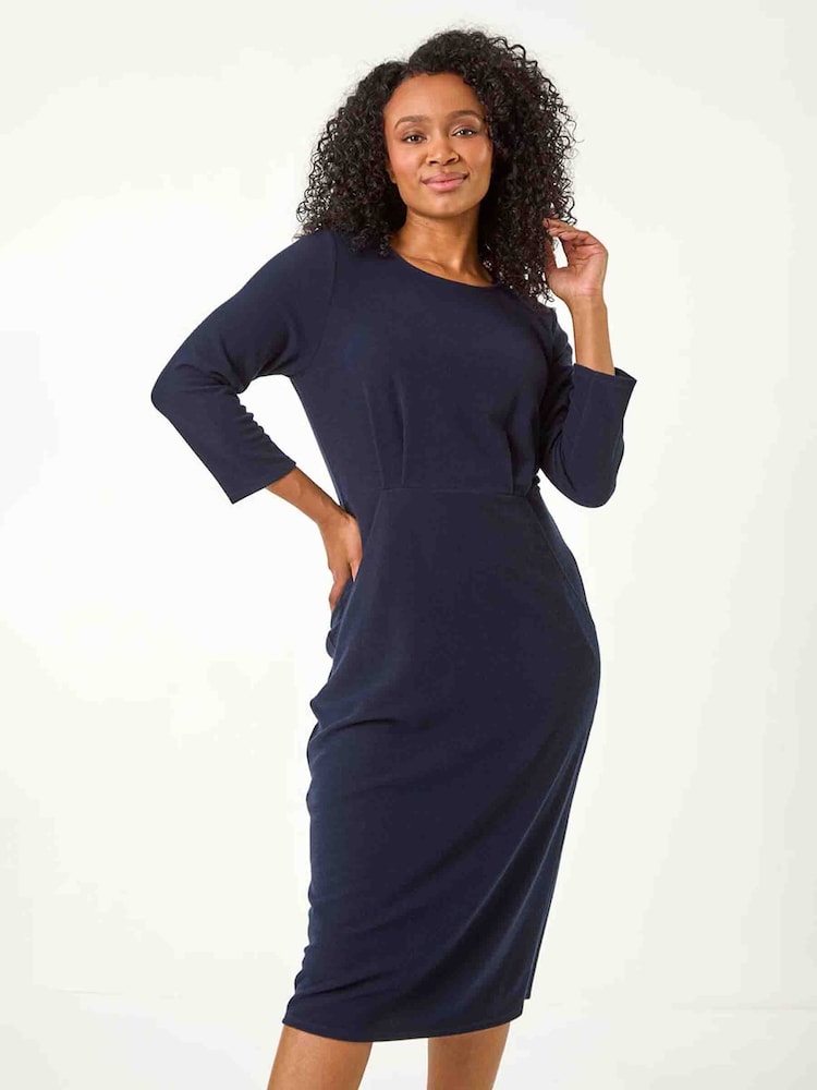 Roman Blue Petite Ribbed Pocket Detail Midi Dress - Image 1 of 5