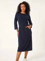 Roman Blue Petite Ribbed Pocket Detail Midi Dress - Image 2 of 5