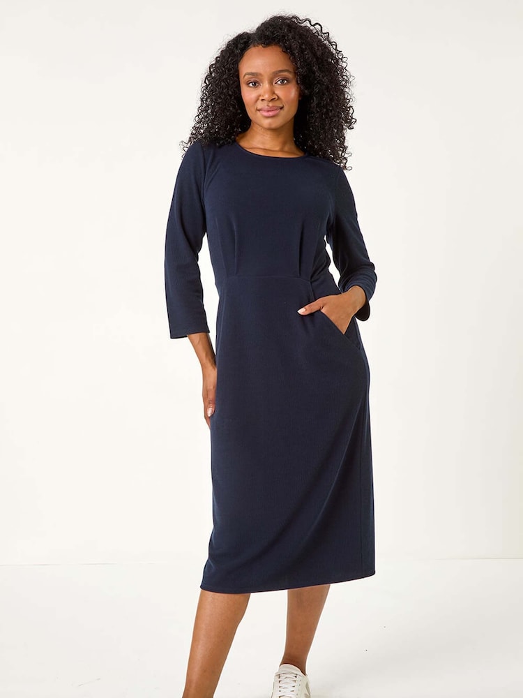 Roman Blue Petite Ribbed Pocket Detail Midi Dress - Image 2 of 5