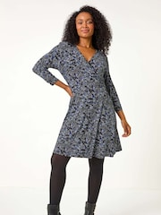 Roman Blue Petite Ditsy Print V-Neck Wrap Dress - Image 2 of 5