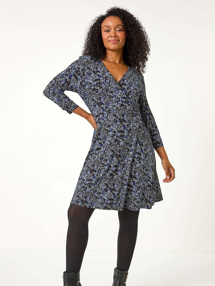 Roman Blue Petite Ditsy Print V-Neck Wrap Dress - Image 2 of 5