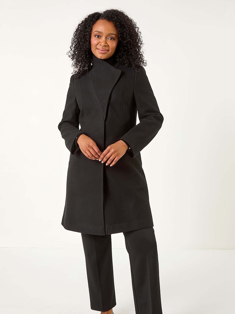 Roman Black Petite Funnel Neck Pocket Detail Coat - Image 2 of 5 Roman Black Petite Funnel Neck Pocket Detail Coat - Image 2 of 5