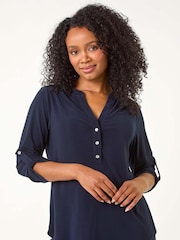 Roman Blue Petite V-Neck Button Stretch Shirt - Image 1 of 5