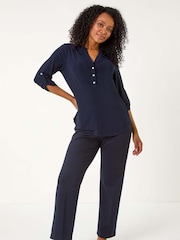 Roman Blue Petite V-Neck Button Stretch Shirt - Image 2 of 5