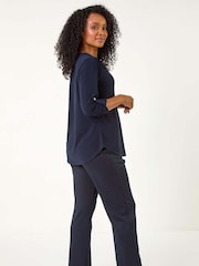 Roman Blue Petite V-Neck Button Stretch Shirt - Image 3 of 5