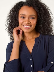 Roman Blue Petite V-Neck Button Stretch Shirt - Image 4 of 5