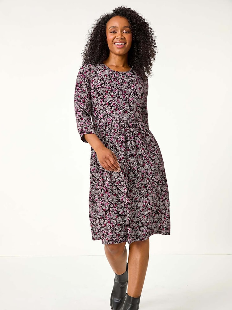 Roman Purple Petite Floral Print Gathered Waist Dress - Image 1 of 5