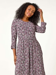 Roman Purple Petite Floral Print Gathered Waist Dress - Image 2 of 5