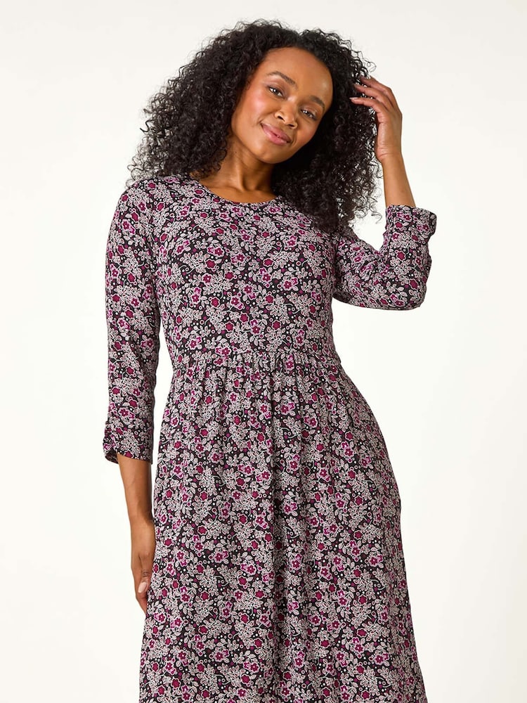 Roman Purple Petite Floral Print Gathered Waist Dress - Image 2 of 5