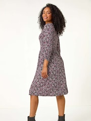 Roman Purple Petite Floral Print Gathered Waist Dress - Image 3 of 5