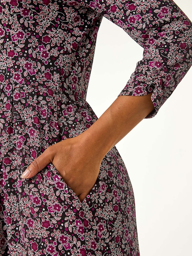 Roman Purple Petite Floral Print Gathered Waist Dress - Image 5 of 5