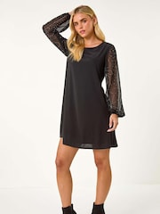 Roman Black Petite Hotfix Sleeve Stretch Shift Dress - Image 1 of 5