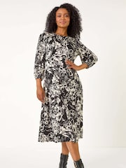 Roman Black Petite Floral Stretch Midi Dress - Image 1 of 5