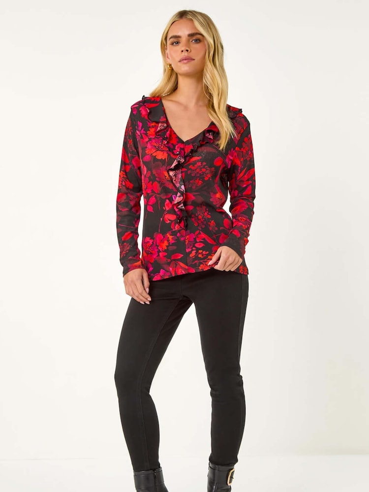 Roman Petite Floral Print V-Neck Frill Front Top - Image 2 of 5 Roman Petite Floral Print V-Neck Frill Front Top - Image 2 of 5