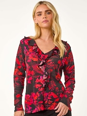 Roman Petite Floral Print V-Neck Frill Front Top - Image 4 of 5